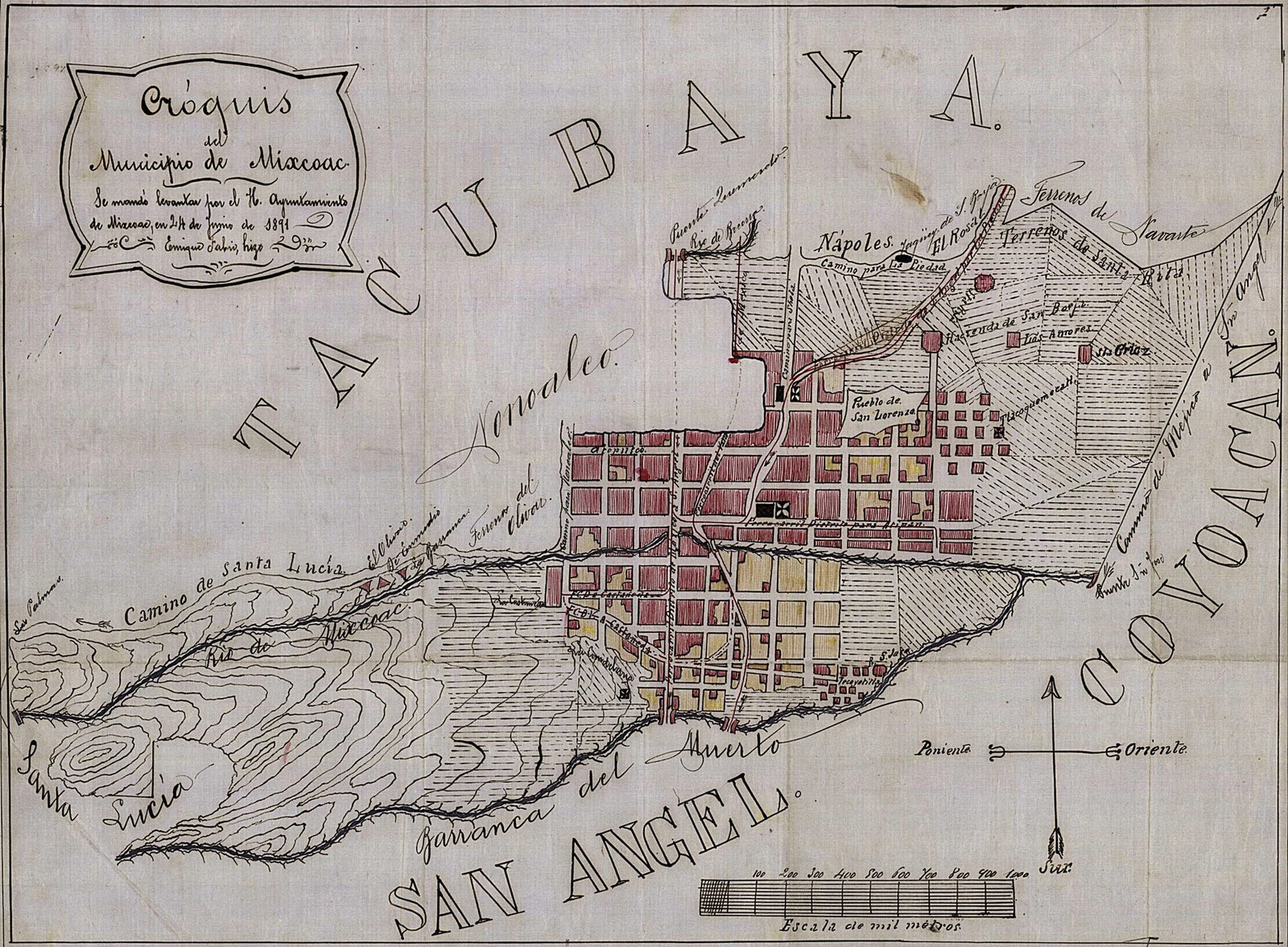 Mapa del municipio de Mixcoac. 1891. Archivo público. Mapoteca Manuel Orozco y Berra Servicio de Información Agroalimentaria y Pesquera.